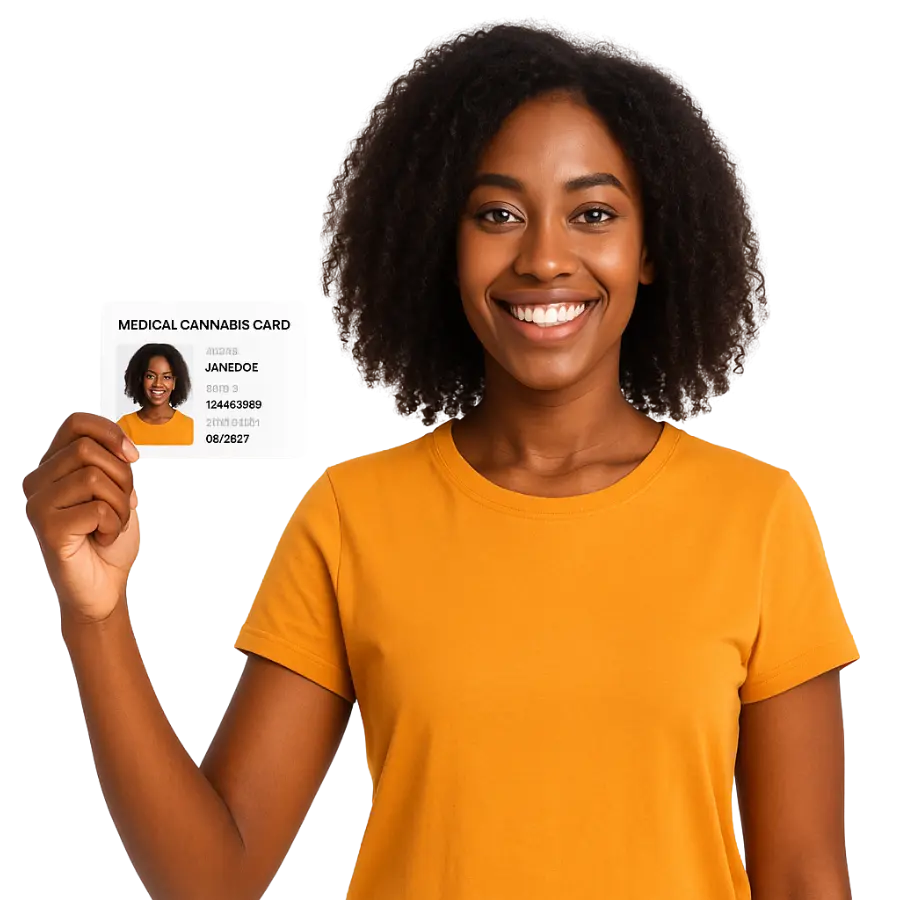 A woman holding a id card
